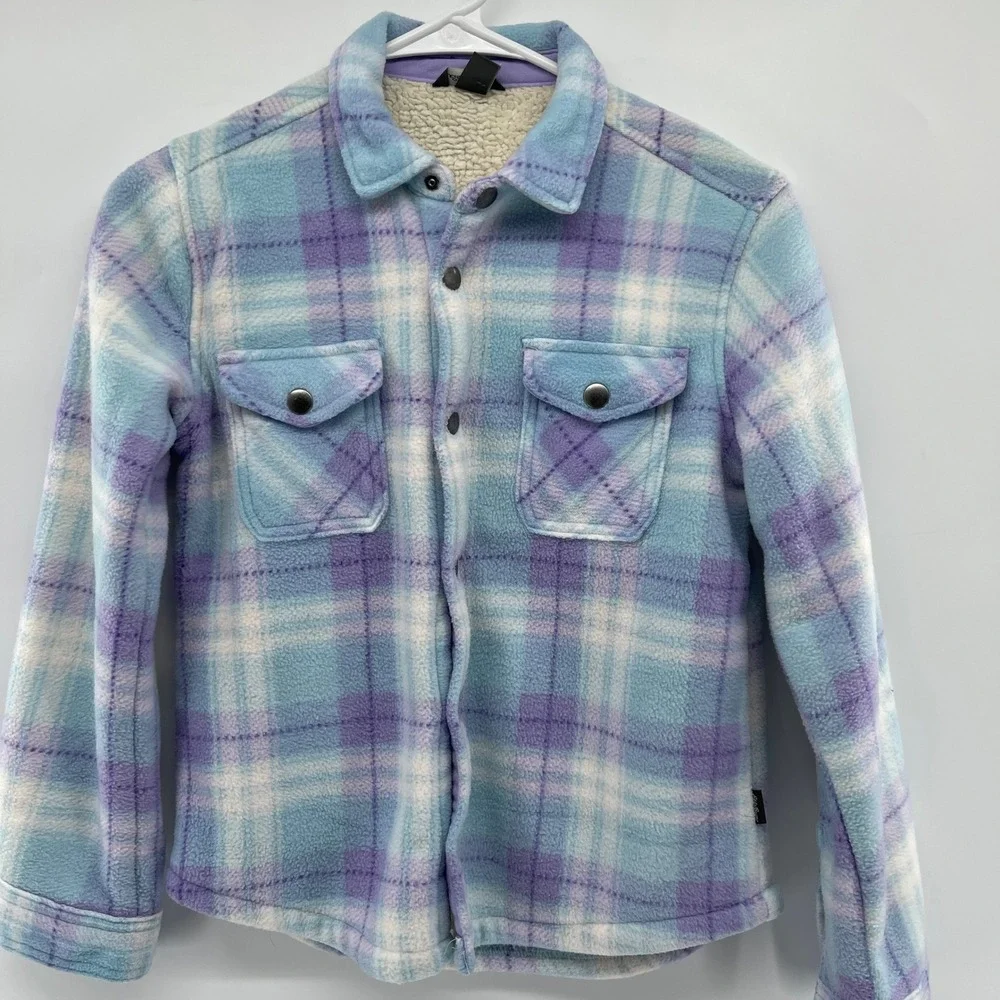 Eddie Bauer Kids Plaid Fleece Sherpa‎ Lined Shirt Jacket Size 10 12 Blue Purple